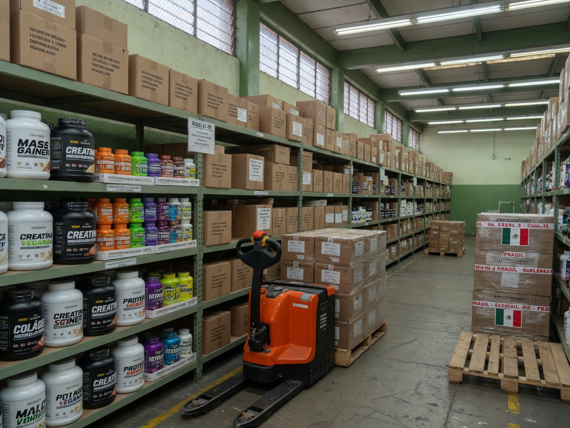 Pasillo de bodega con racks, transpaleta y cajas en tarima.