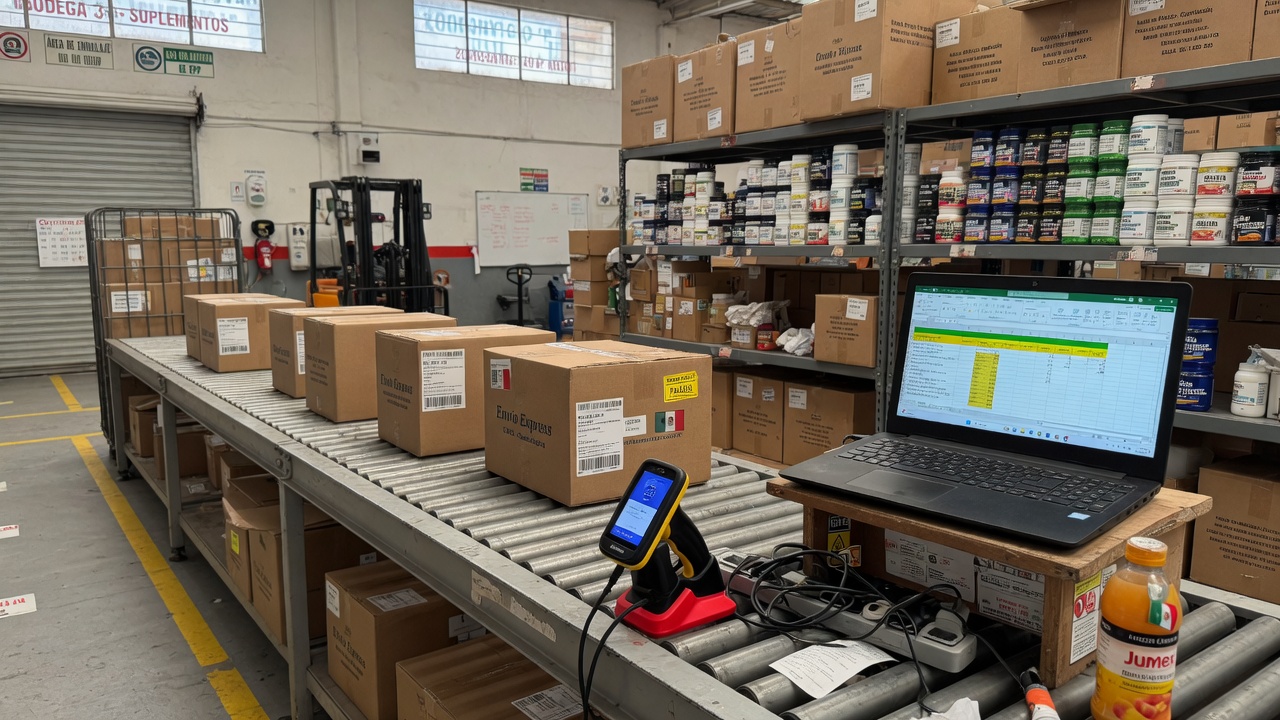 Línea de despacho: cajas en rodillo, guía de envío y lector de código en el centro de distribución, CDMX.