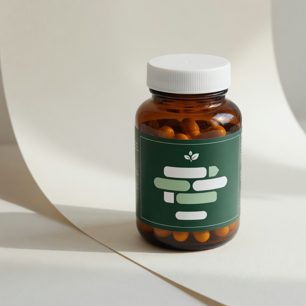 Frasco ámbar de multivitamínico en cápsulas.